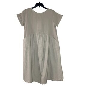 Vanessa Zani Linen Blend Dress Beige Short Sleeve Pocket Size M Minimalist Boho